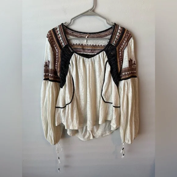 Free People Bohemia Cream and Black Embroidered Blouse - Picture 3 of 7